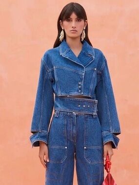 cult gaia Cropped Blue Denim Jacket with Wide-Leg Jeans Set - NWOT